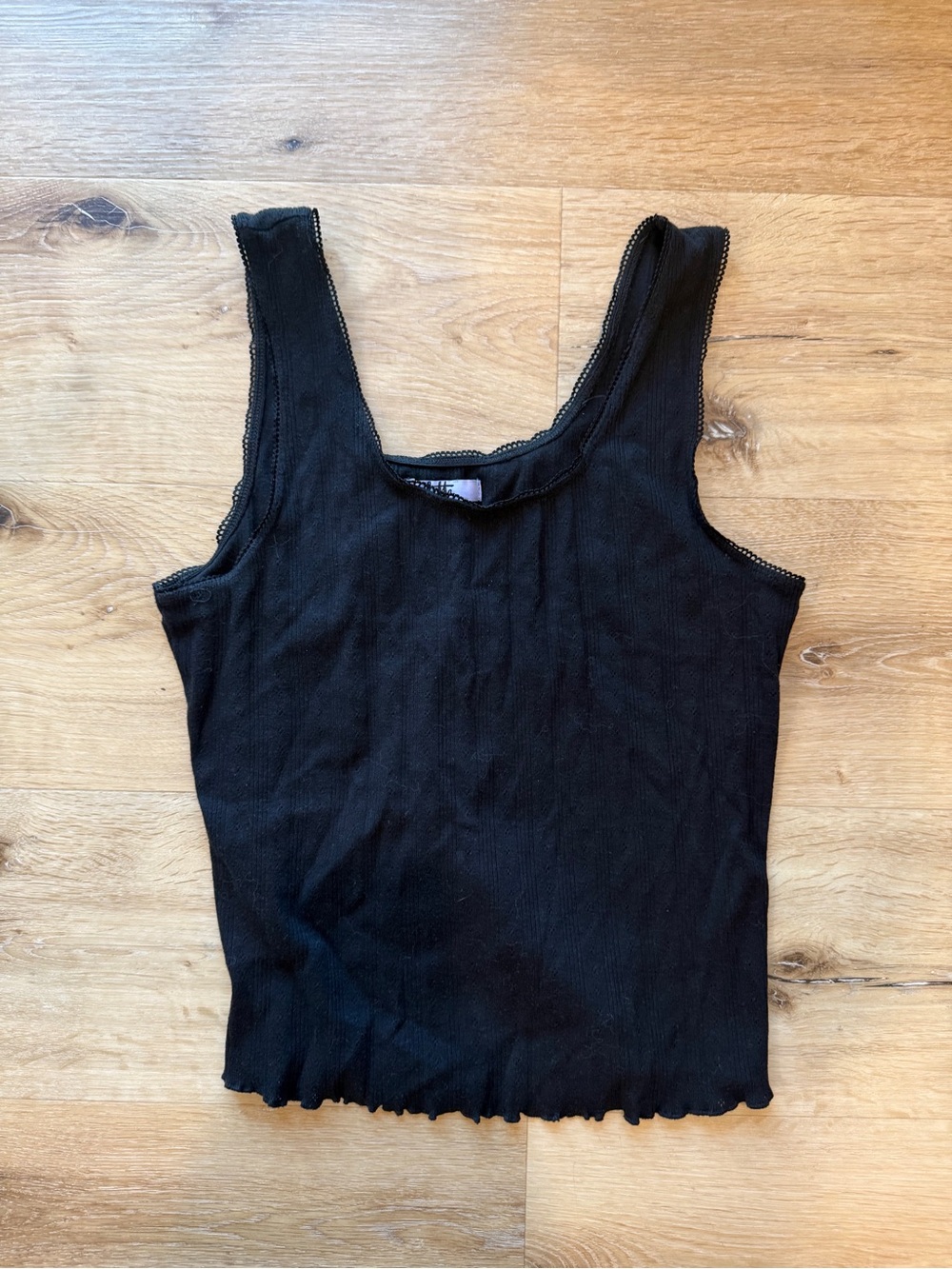 Vylette Classic Black Eyelit Lace Ribbed Crop Tank Top - Women's Basic